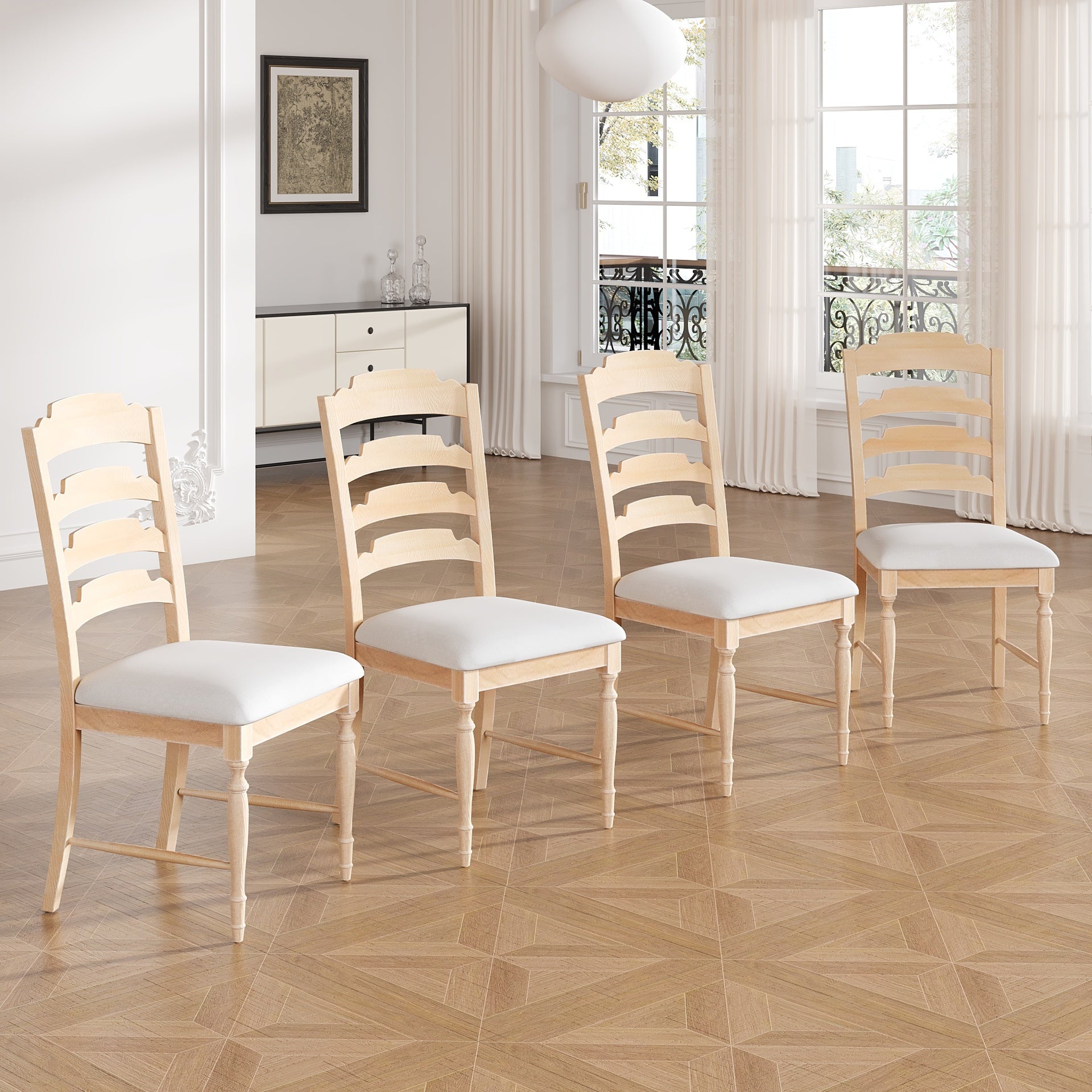 TOPMAX Vintage Traditional 4-Piece Upholstered Dining Chairs, Serrated Dining Backs, Natural