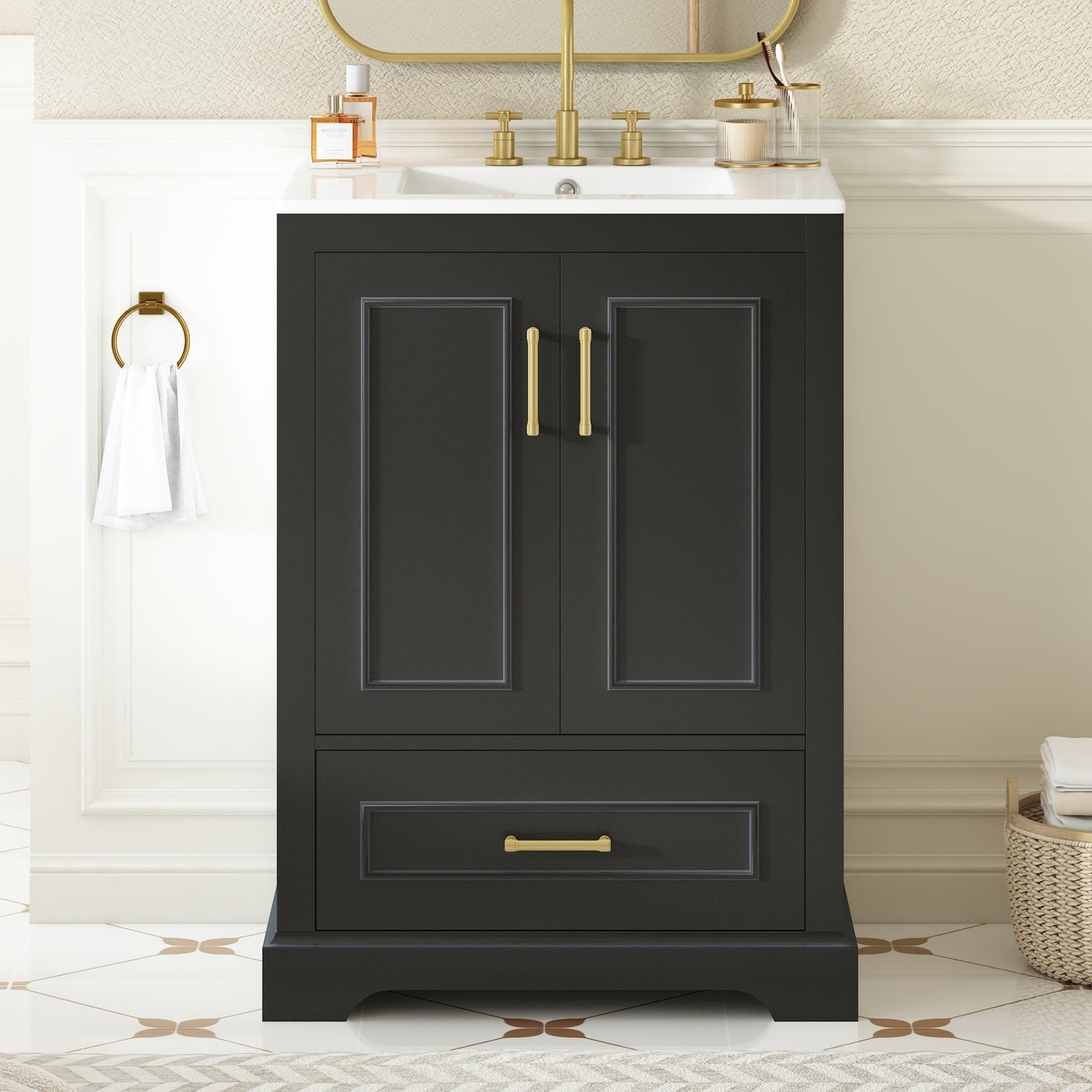 24"Bathroom Vanity with Sink, MDF Cabinet with Solid Wood Frame, 1 Divided Drawer and 2 Soft Close Doors with Dual Door Storage Racks, Freestanding Vanity