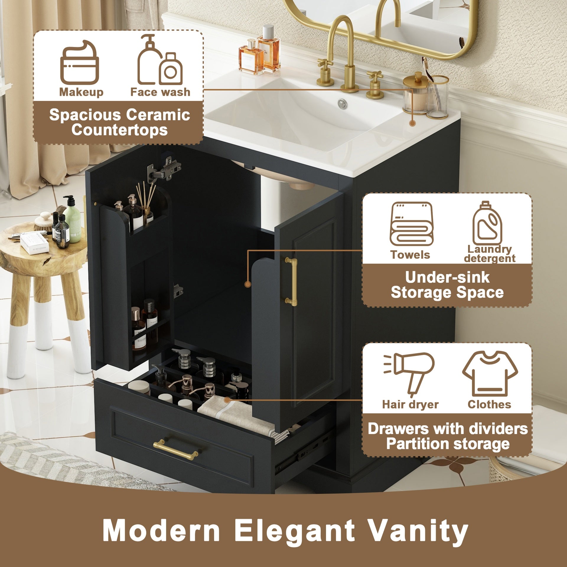 24"Bathroom Vanity with Sink, MDF Cabinet with Solid Wood Frame, 1 Divided Drawer and 2 Soft Close Doors with Dual Door Storage Racks, Freestanding Vanity