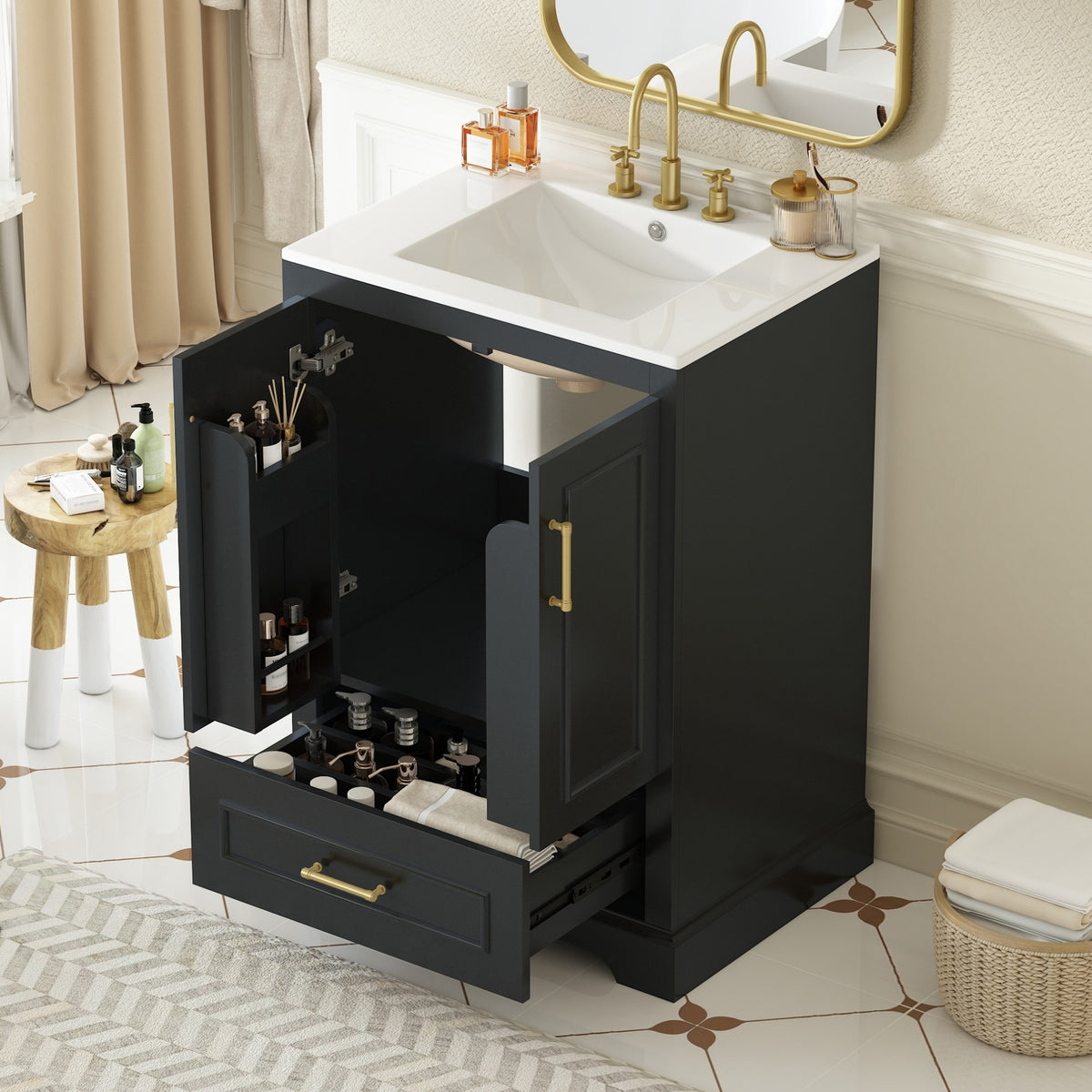 24"Bathroom Vanity with Sink, MDF Cabinet with Solid Wood Frame, 1 Divided Drawer and 2 Soft Close Doors with Dual Door Storage Racks, Freestanding Vanity