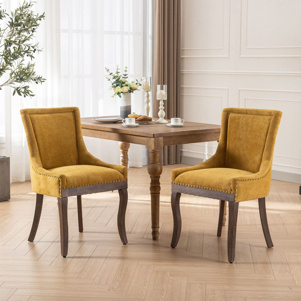 A&A Furniture,Ultra Side Dining Chair,Thickened fabric chairs with neutrally toned solid wood legs,Bronze nail head,Set of 2,Golden Yellow,SW1807GL