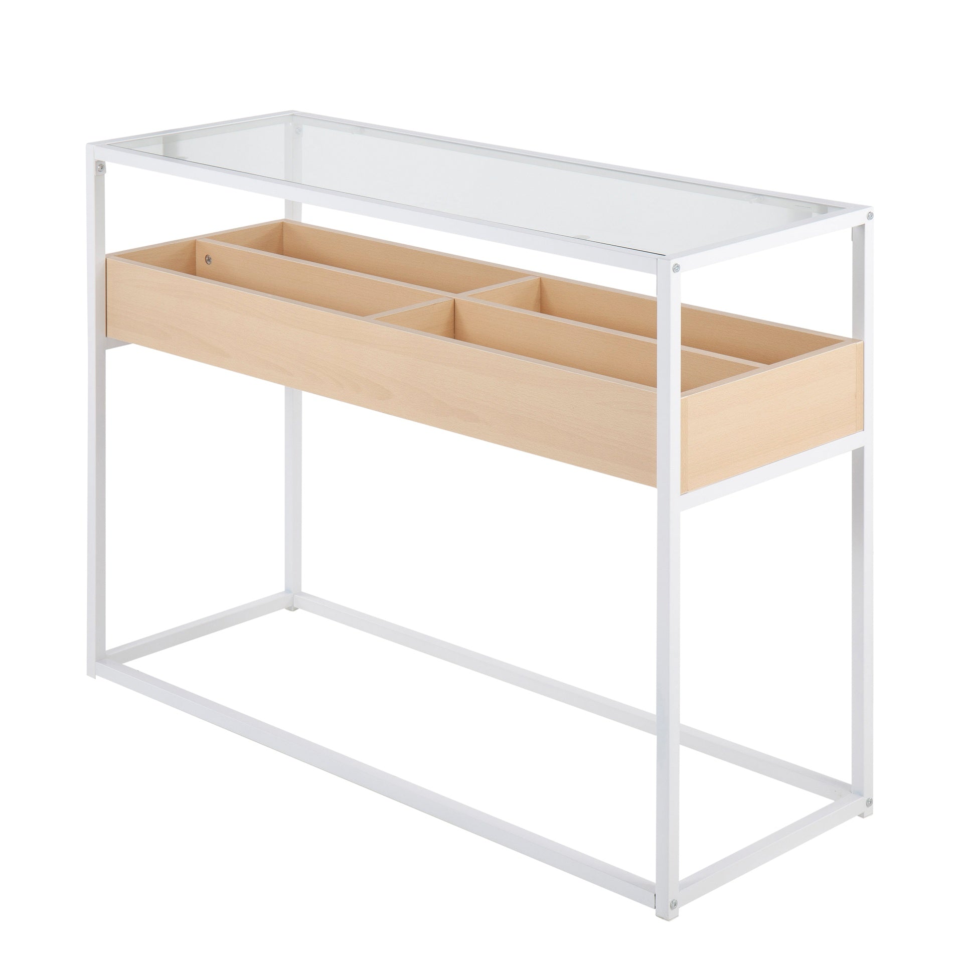 Display Contemporary Console Table in White Metal, Natural Wood, and Clear Glass by LumiSource