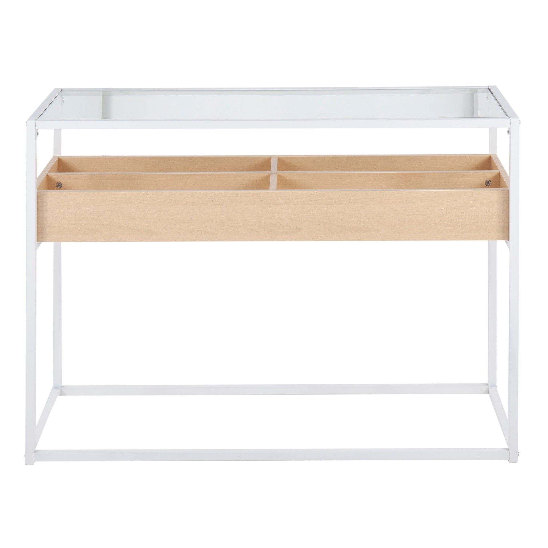 Display Contemporary Console Table in White Metal, Natural Wood, and Clear Glass by LumiSource