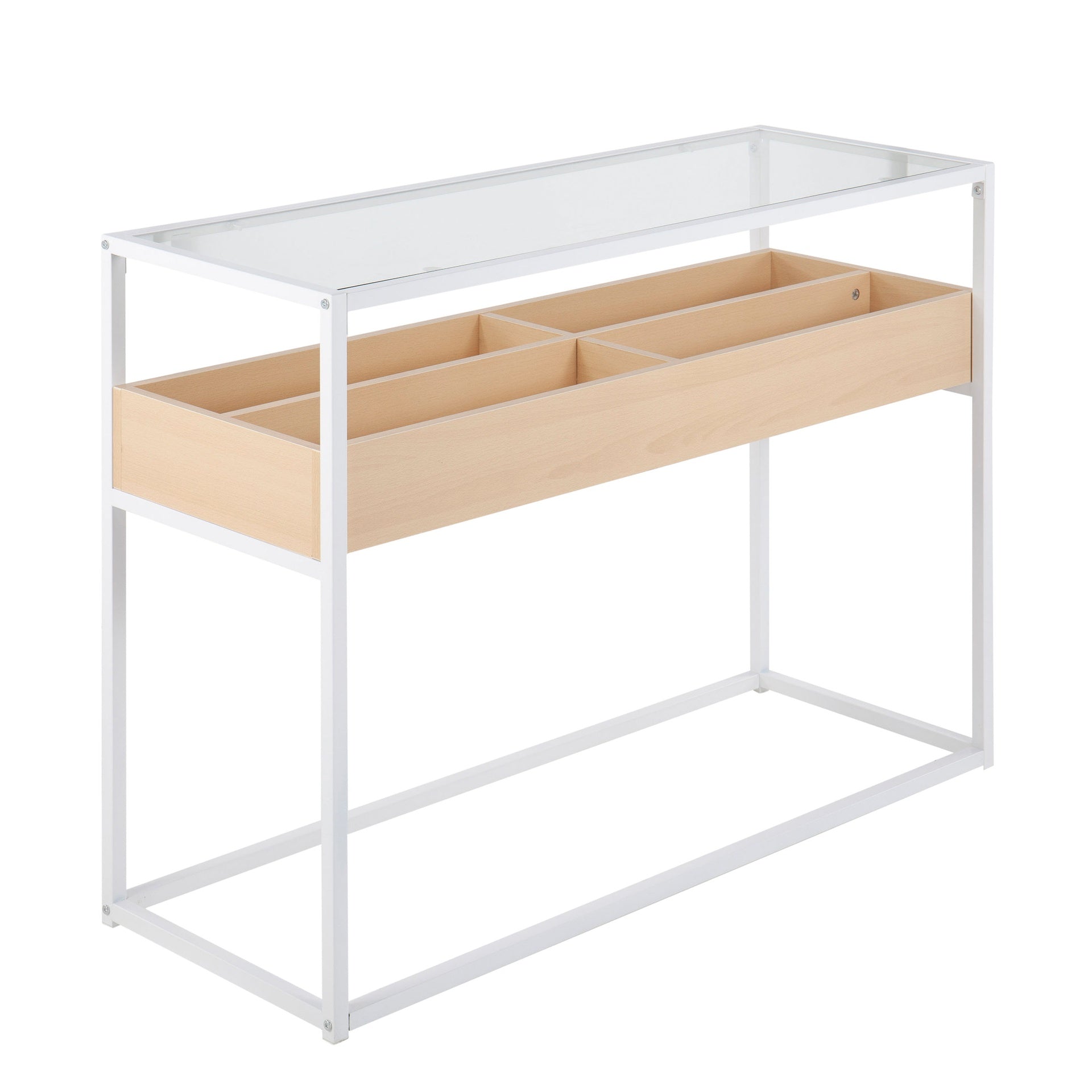 Display Contemporary Console Table in White Metal, Natural Wood, and Clear Glass by LumiSource