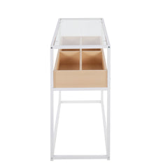 Display Contemporary Console Table in White Metal, Natural Wood, and Clear Glass by LumiSource