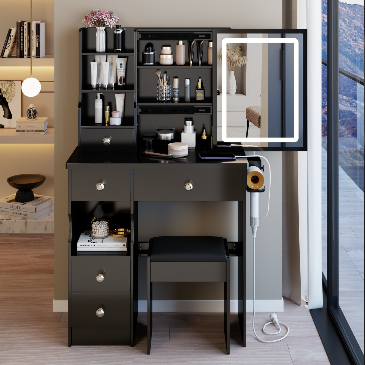 29.2 inch  Small Size Left Drawer Desktop Vanity Table + Cushioned Stool, 2 AC+2 USB Power Station, Hair dryer bracket, Extra Large Touch Control Sliding LED Mirror, Tri-color Switching, Brightness Adjust