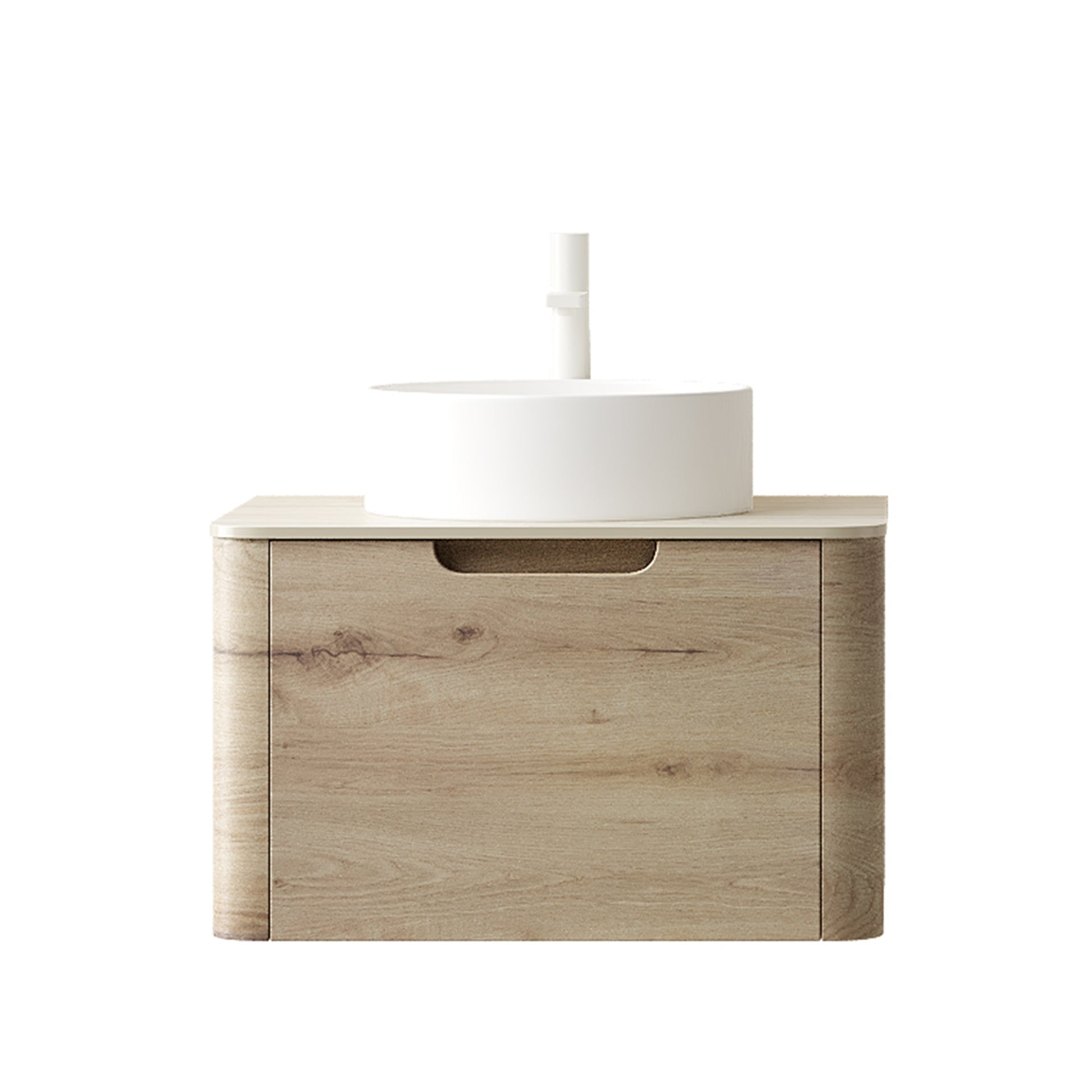 XAI 24" Bathroom Vanity with Sink, Wall-Mounted Plywood Storage Cabinet with Drawer, White Round Ceramic Basin and Roma Travertine-Pattern Sintered Stone Top, Pre-assembled, White Oak Woodgrain Color