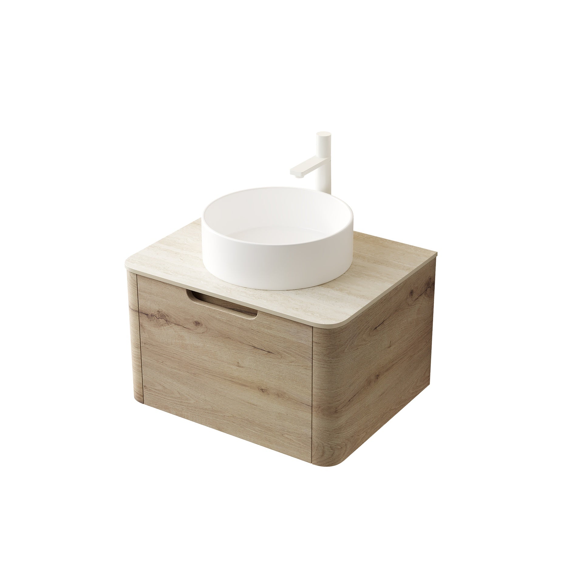XAI 24" Bathroom Vanity with Sink, Wall-Mounted Plywood Storage Cabinet with Drawer, White Round Ceramic Basin and Roma Travertine-Pattern Sintered Stone Top, Pre-assembled, White Oak Woodgrain Color