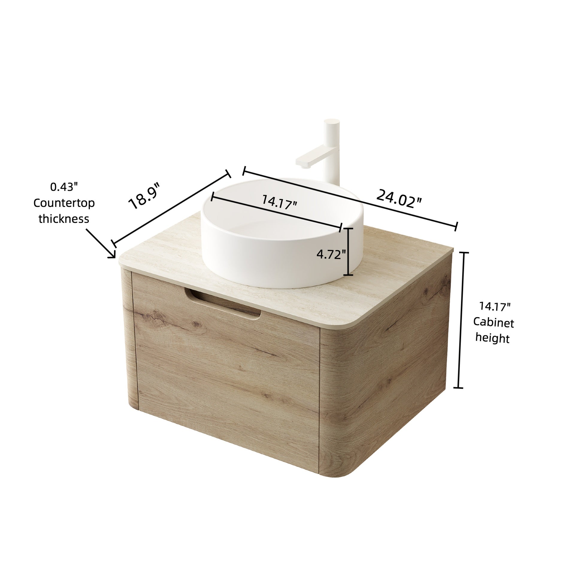 XAI 24" Bathroom Vanity with Sink, Wall-Mounted Plywood Storage Cabinet with Drawer, White Round Ceramic Basin and Roma Travertine-Pattern Sintered Stone Top, Pre-assembled, White Oak Woodgrain Color