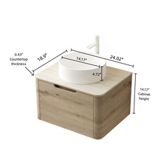 XAI 24" Bathroom Vanity with Sink, Wall-Mounted Plywood Storage Cabinet with Drawer, White Round Ceramic Basin and Roma Travertine-Pattern Sintered Stone Top, Pre-assembled, White Oak Woodgrain Color