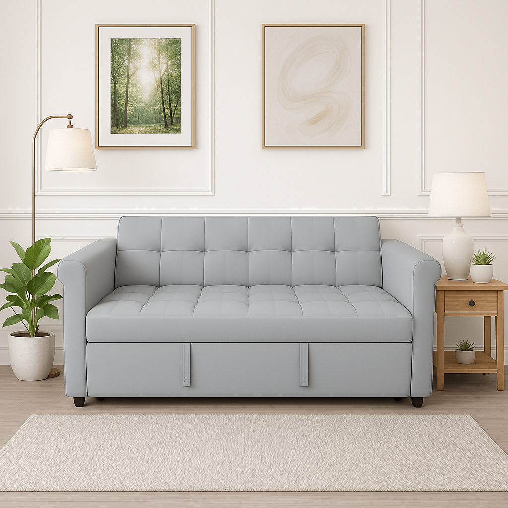 2-SEATER CONVERTIBLE VELVET LOVESEAT SOFA BED – GRAY PULL-OUT SLEEPER COUCH WITH SIDE POCKET, COMPACT DESIGN FOR SMALL SPACES, APARTMENT, GUEST ROOM