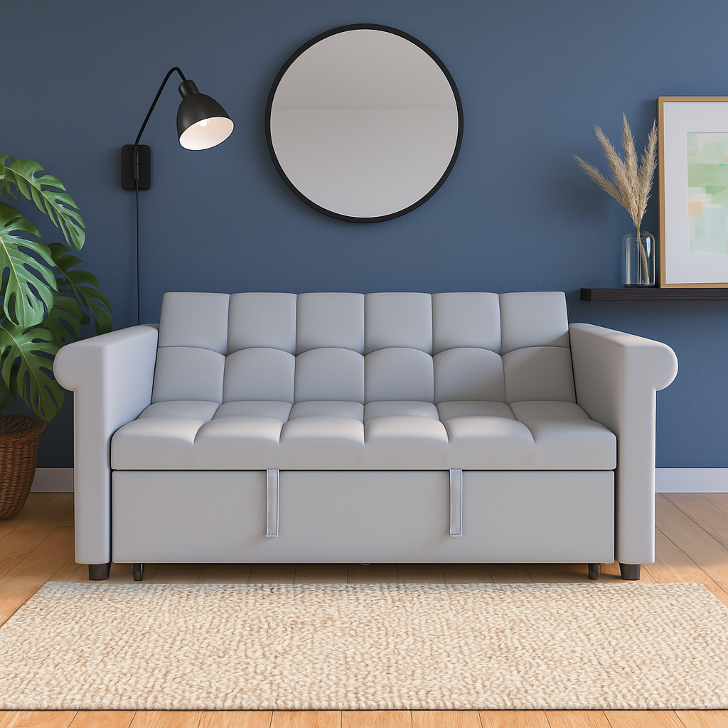 2-SEATER CONVERTIBLE VELVET LOVESEAT SOFA BED – GRAY PULL-OUT SLEEPER COUCH WITH SIDE POCKET, COMPACT DESIGN FOR SMALL SPACES, APARTMENT, GUEST ROOM