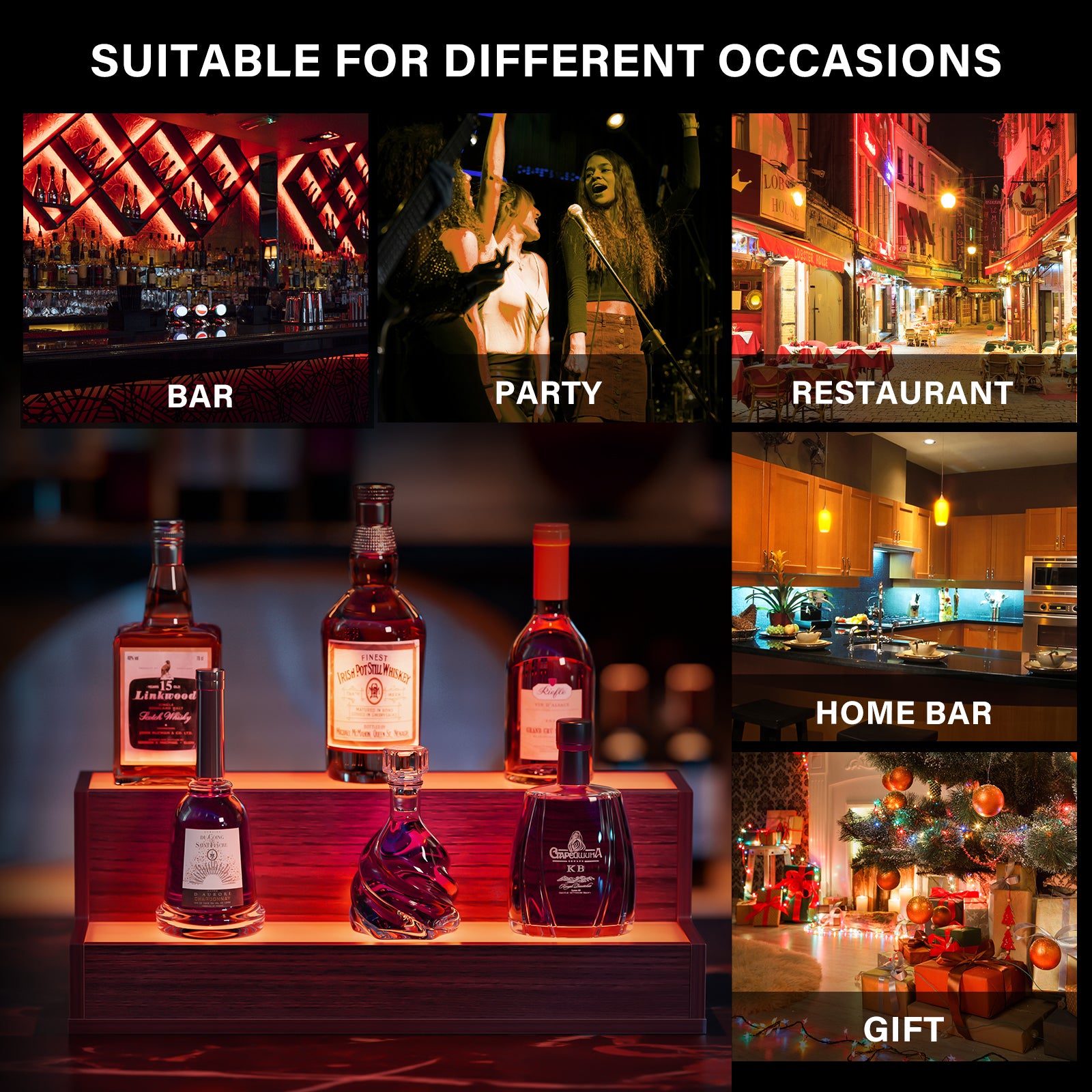 LED Lighted Liquor Bottle Display Shelf, 20 Inch Bar Display Shelf, DIY Illuminated Bottle Shelf with App & Remote Control, 2 Step Freestanding Holding Bottles for Home Bar, Party, Walnut
