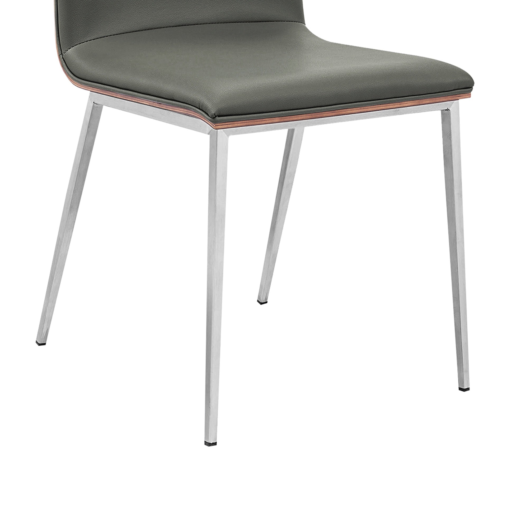 Crystal Dining Chair in Brushed Stainless Steel finish with Gray Faux Leather and Walnut Back - Set of 2