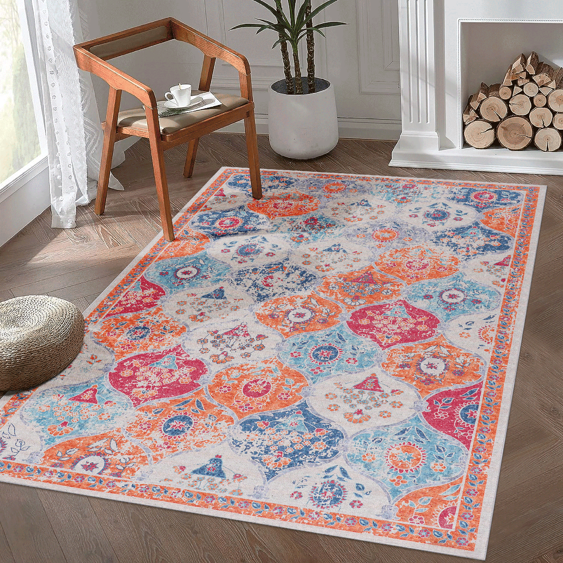 MAVAL Cream Washable Rug 5x8 Area Rug (Cream, 5' x 8')