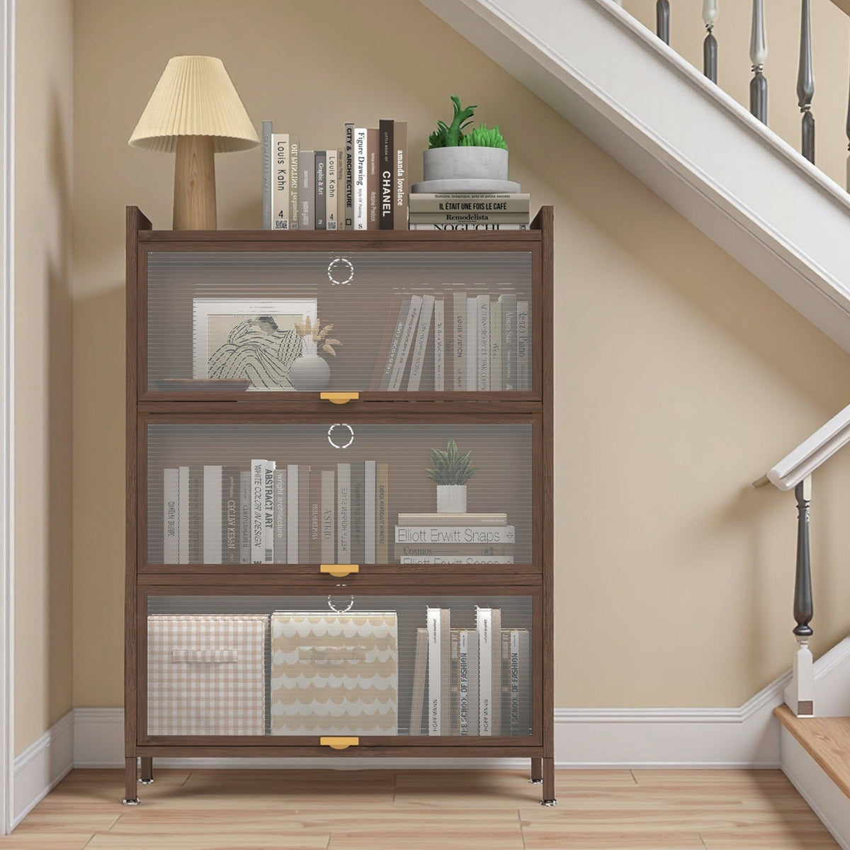 44'' Tall Metal 3 Flip Doors Cabinet,  with Ample Storage Space for Bedroom, Office, Living Room, Hallway, Entryway ( Walnut )