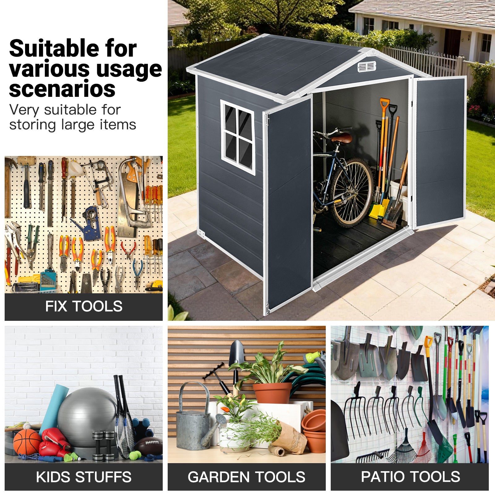 6ft x 4ft Plastic Outdoor Storage with Floor and Lockable Door Plastic Garden Shed for Backyard, Lawn, Cold Grey