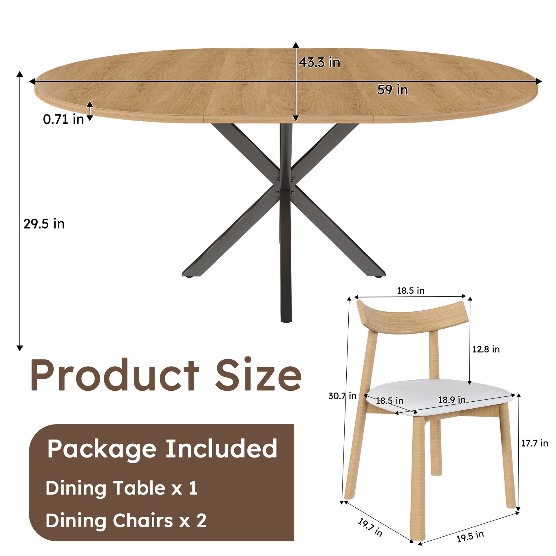 Extendable Round Dining Table Set for 2-6 Person, 43 to 58 Inch Oak Finish Expandable Table with Carbon Steel Base & 2 Solid Wood Chairs, Modern Space Saving Dining Room Furniture