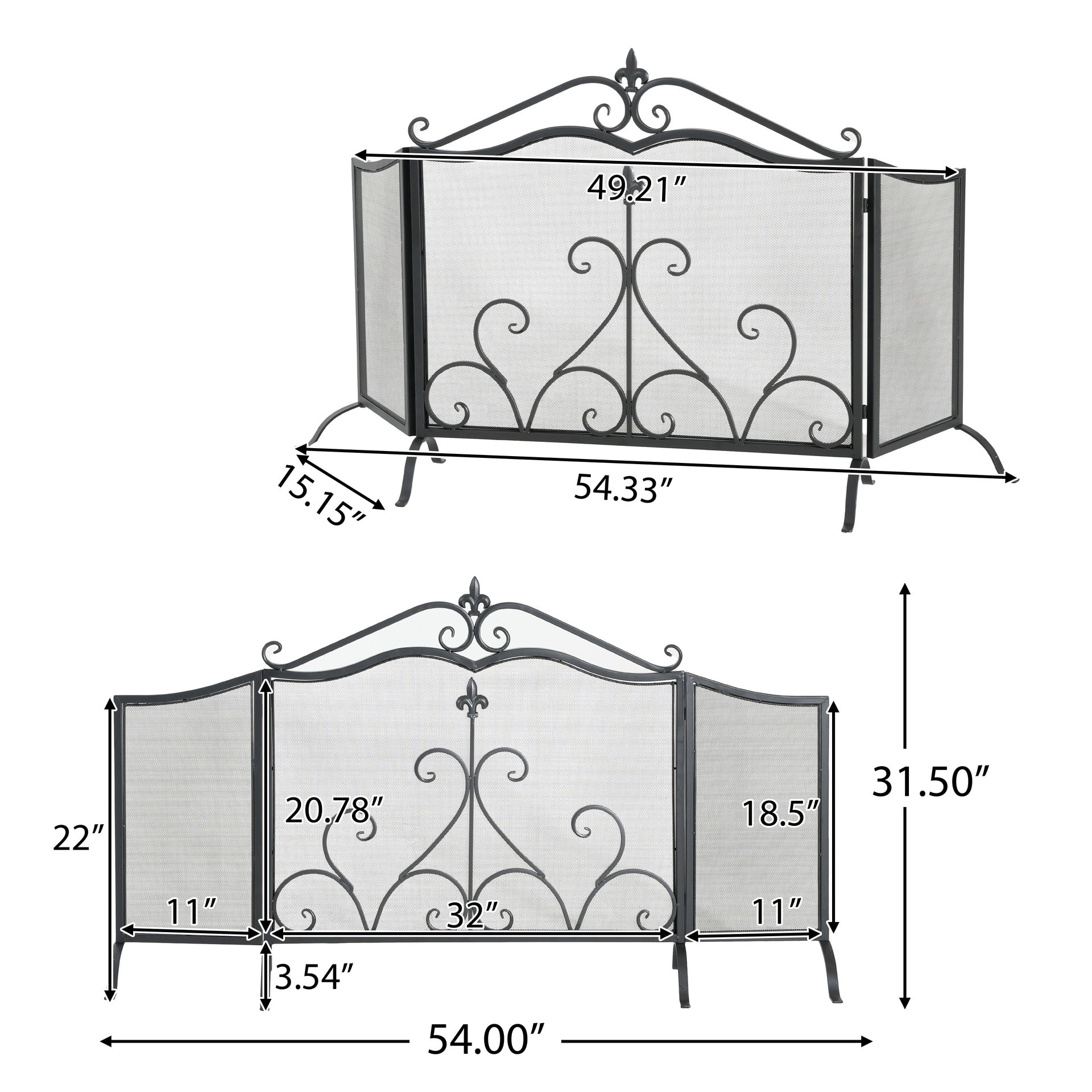 Onyx 3-Panel Iron Fireplace Screen 54" x 31.5", Black Finish