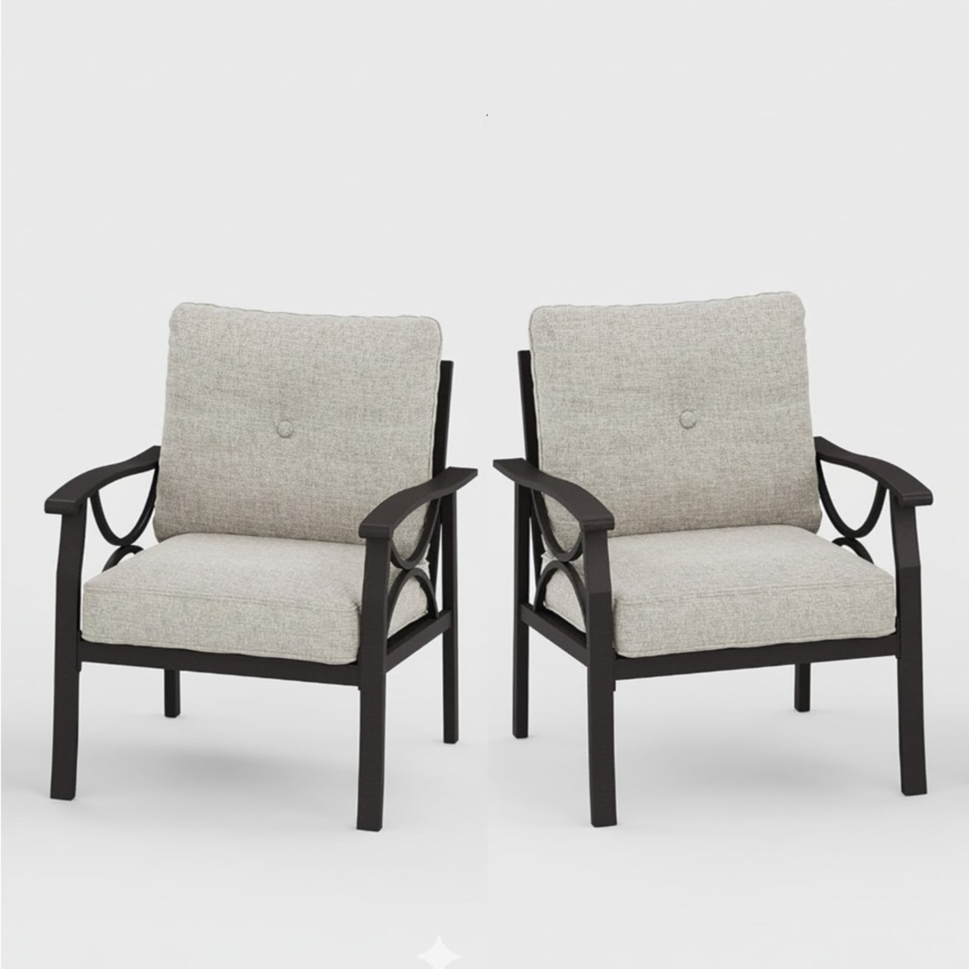 Set of 2  All-Weather Metal Armchairs, Khaki Frame with Beige Cushions