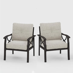 Set of 2  All-Weather Metal Armchairs, Khaki Frame with Beige Cushions