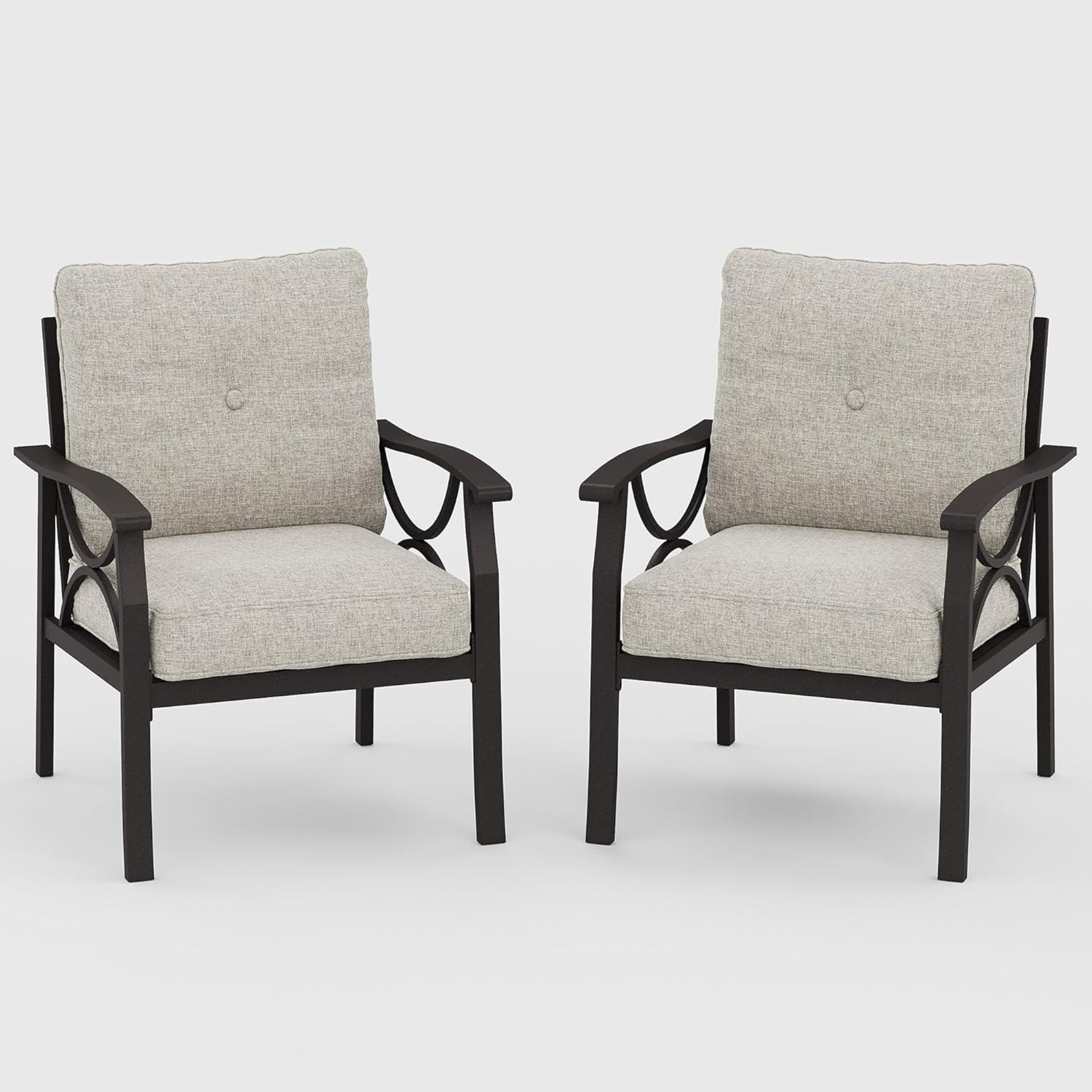 Set of 2  All-Weather Metal Armchairs, Khaki Frame with Beige Cushions