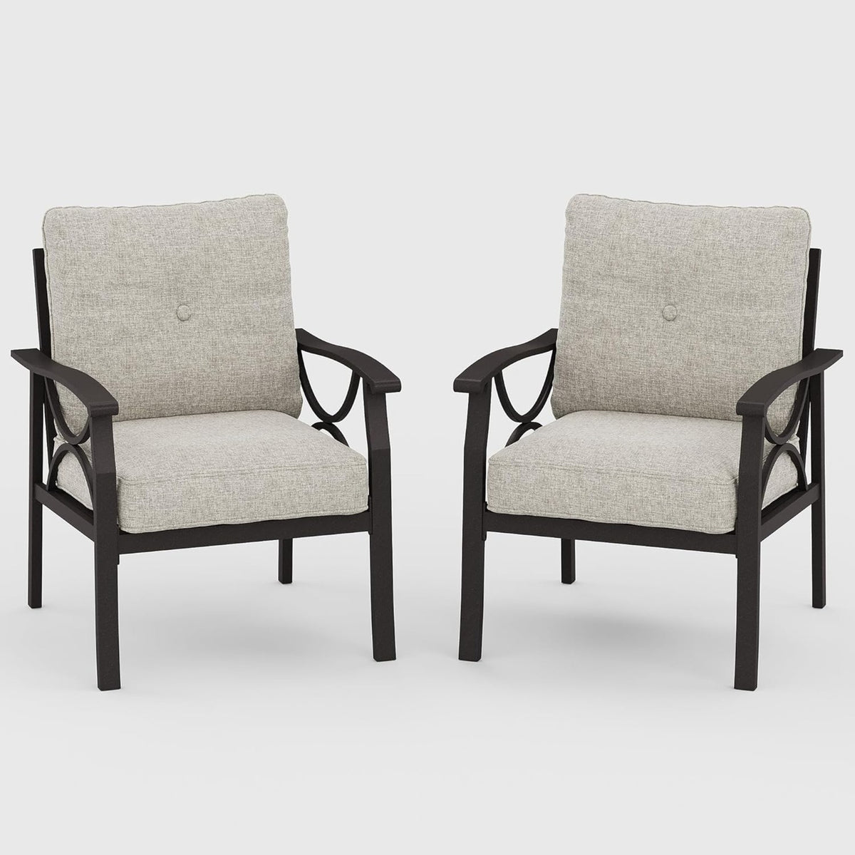 Set of 2  All-Weather Metal Armchairs, Khaki Frame with Beige Cushions