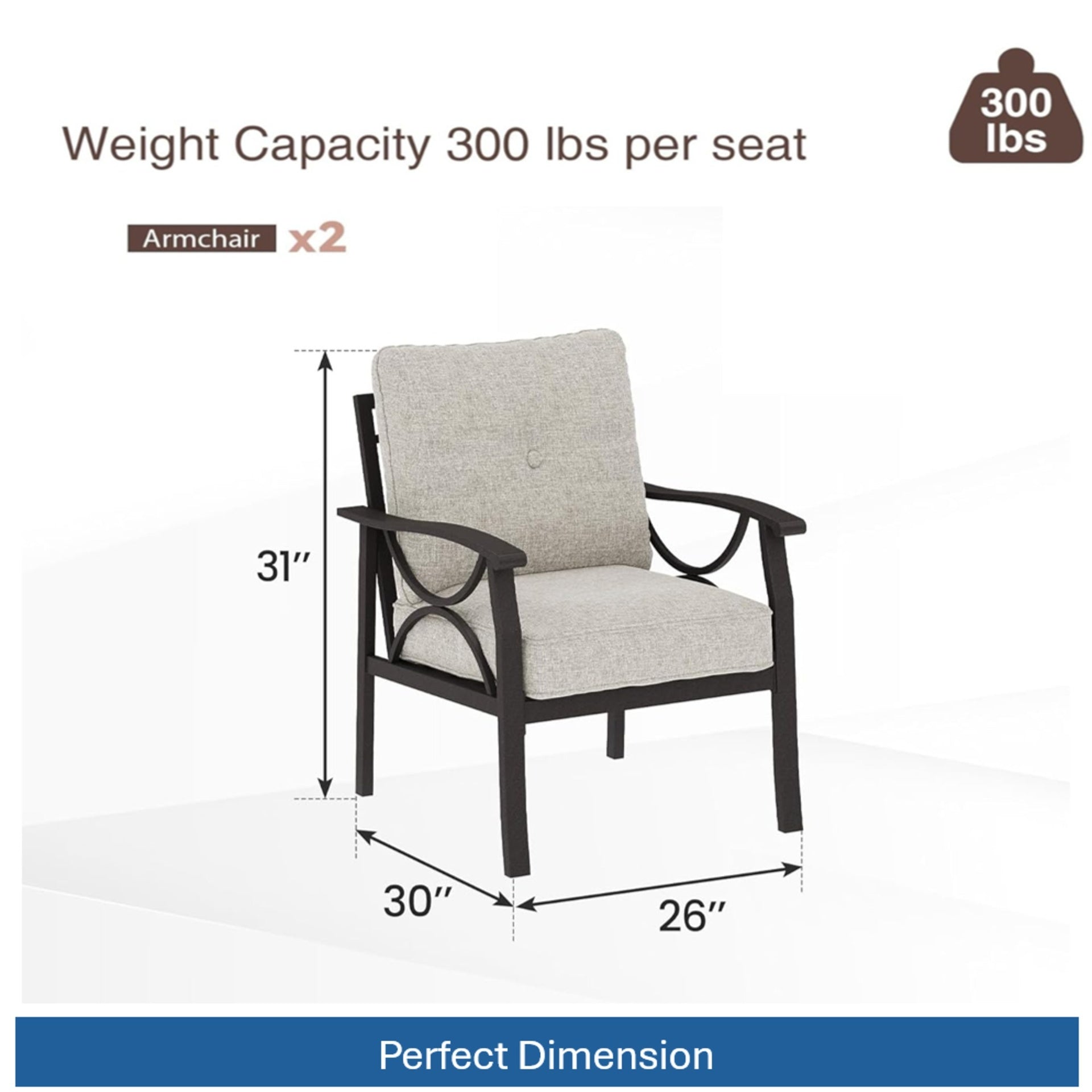 Set of 2  All-Weather Metal Armchairs, Khaki Frame with Beige Cushions