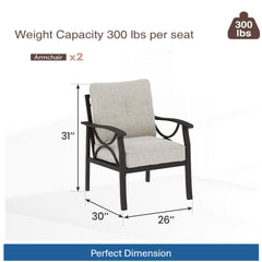 Set of 2  All-Weather Metal Armchairs, Khaki Frame with Beige Cushions