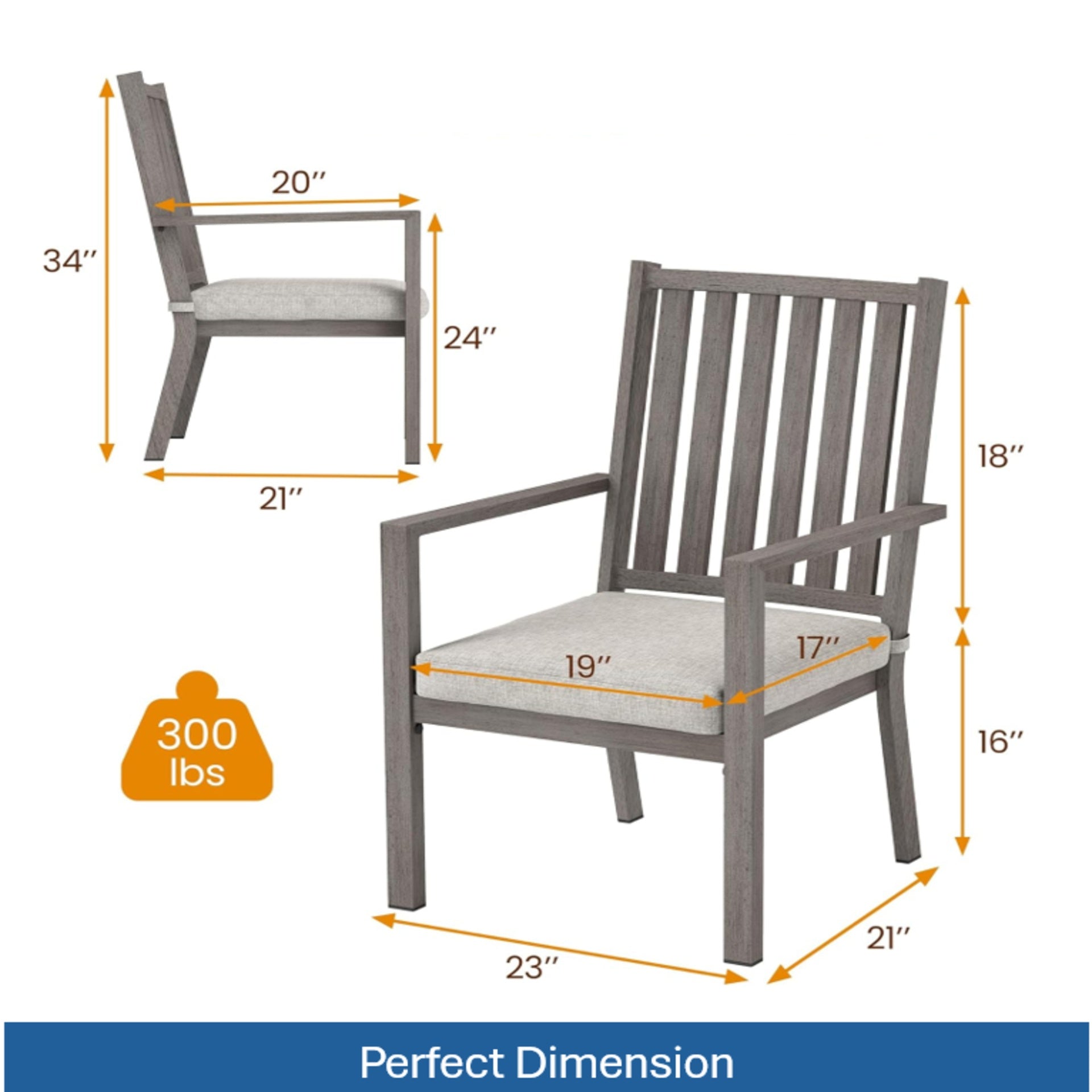 Set of 2 23" All-Weather Aluminum Patio Dining Chairs with Thick Gray Cushions and Gray Frame