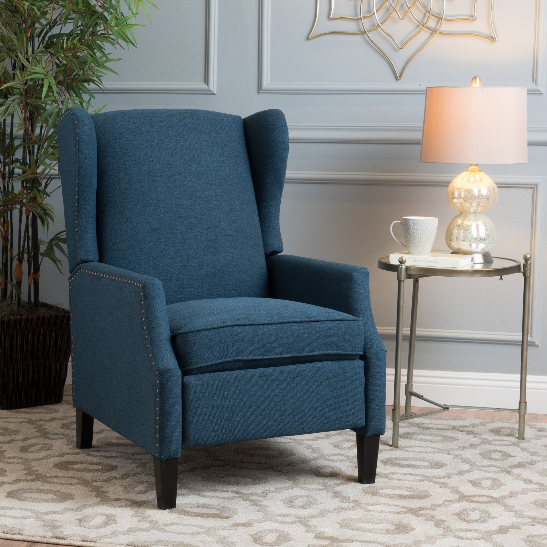 Pushback Recliner Chair, Modern Fabric Wingback Armchair with Nailhead Trim, and Wood Legs, Classic Living Room Recliner for Bedroom