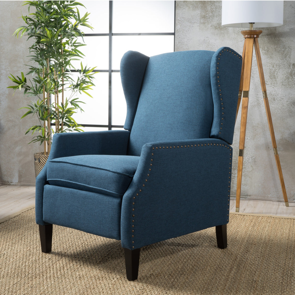 Pushback Recliner Chair, Modern Fabric Wingback Armchair with Nailhead Trim, and Wood Legs, Classic Living Room Recliner for Bedroom