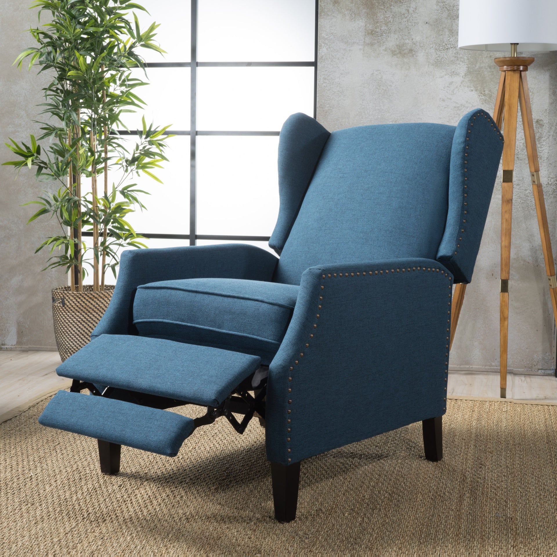 Pushback Recliner Chair, Modern Fabric Wingback Armchair with Nailhead Trim, and Wood Legs, Classic Living Room Recliner for Bedroom