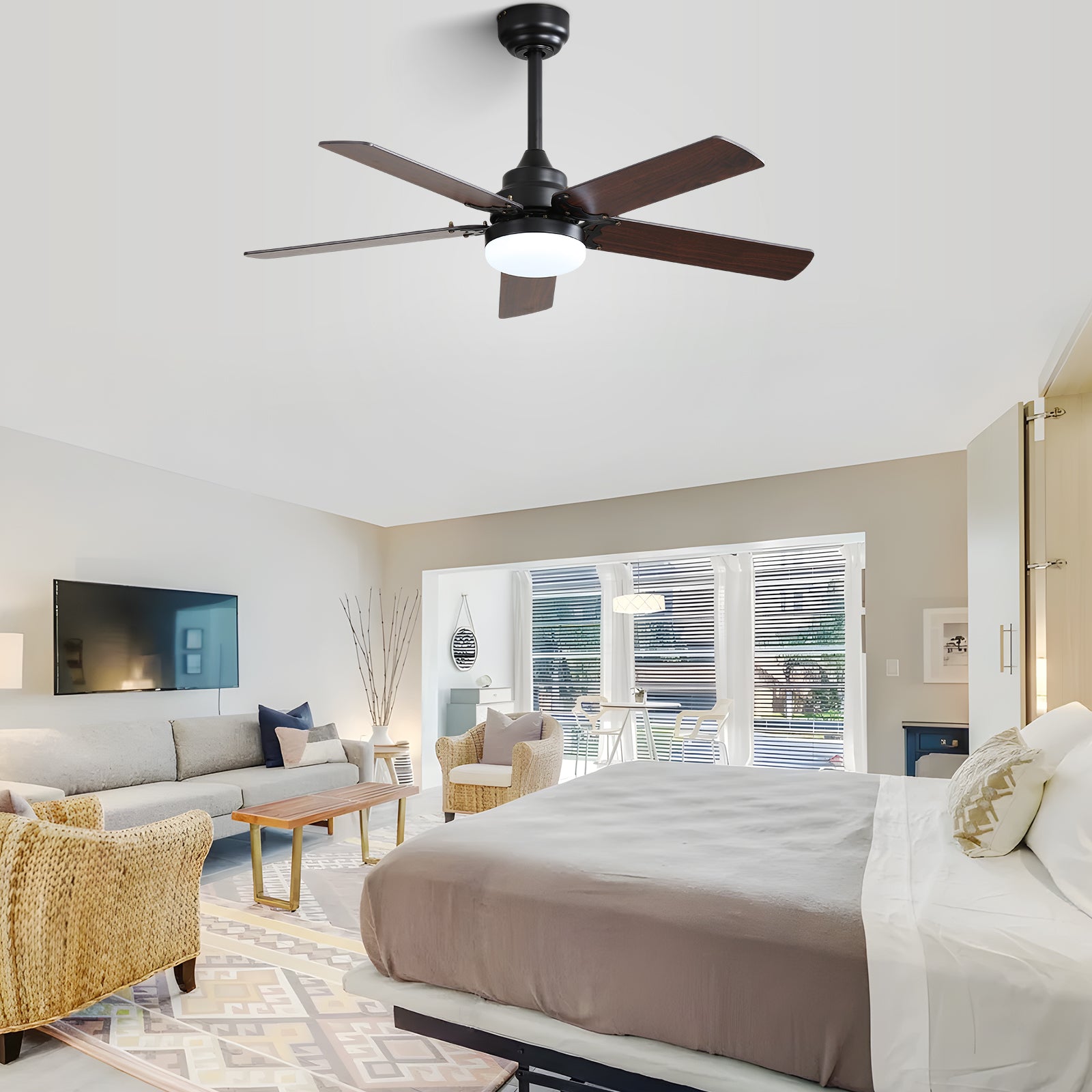 42 Inch Modern Ceiling Fan With LED Light 5 Blades Remote Control Reversible DC Motor Black For Bedroom