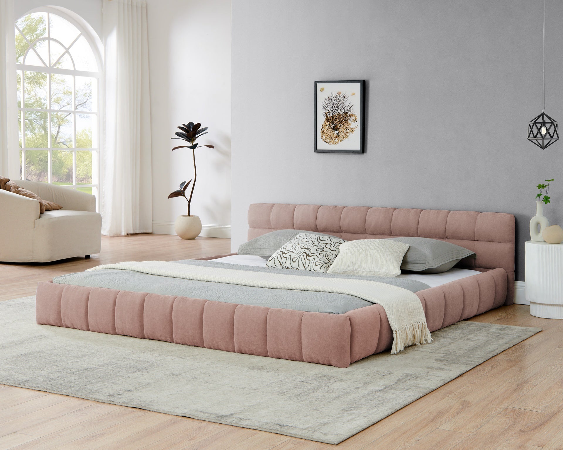King size  Upholstered Bed Frame with Thick Fabric, Chenille Fabric Grounded Queen Size Platform Bed with Headboard and Solid Frame. No Box Spring Needed-Pink(88.5''*85.5''*24'')