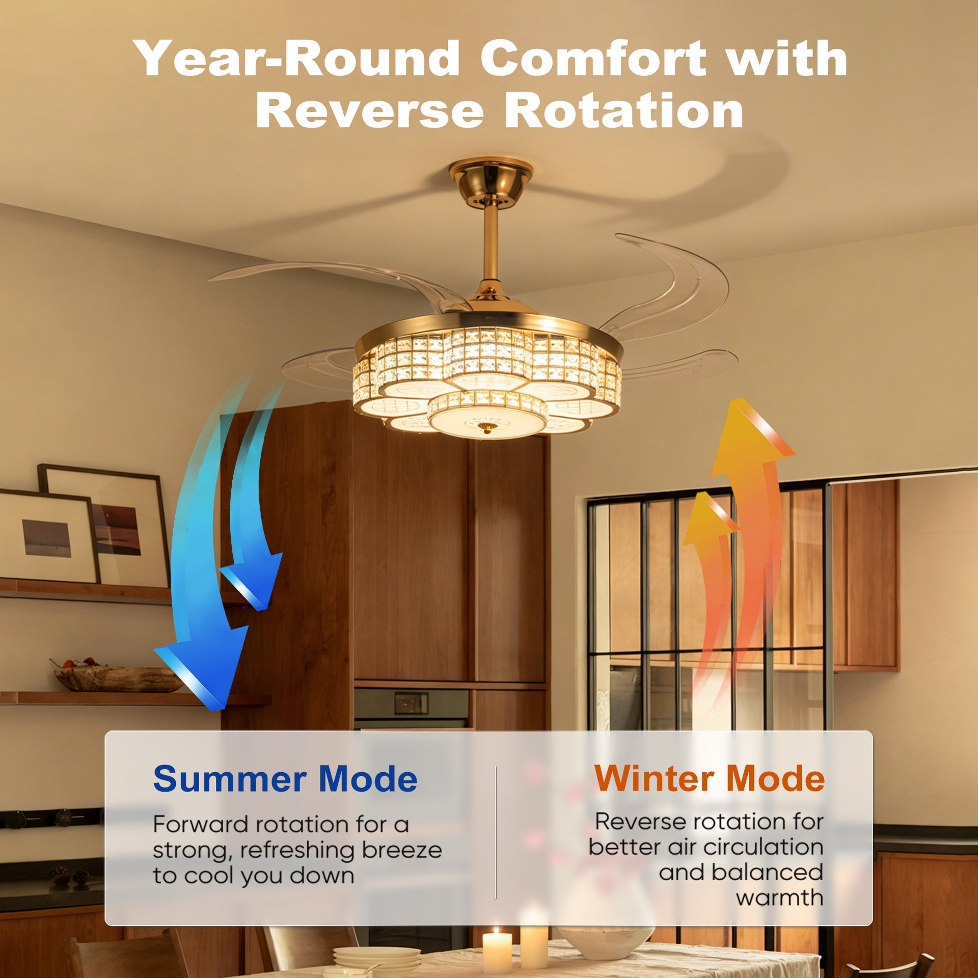 48" Ceiling Fan With Retractable Blades, Indoor  Ceiling Fan With Light with Remote Control, Noiseless Reversible Motor, 6 Speed ,3 for Patio Living Room, Bedroom, Office,Indoor