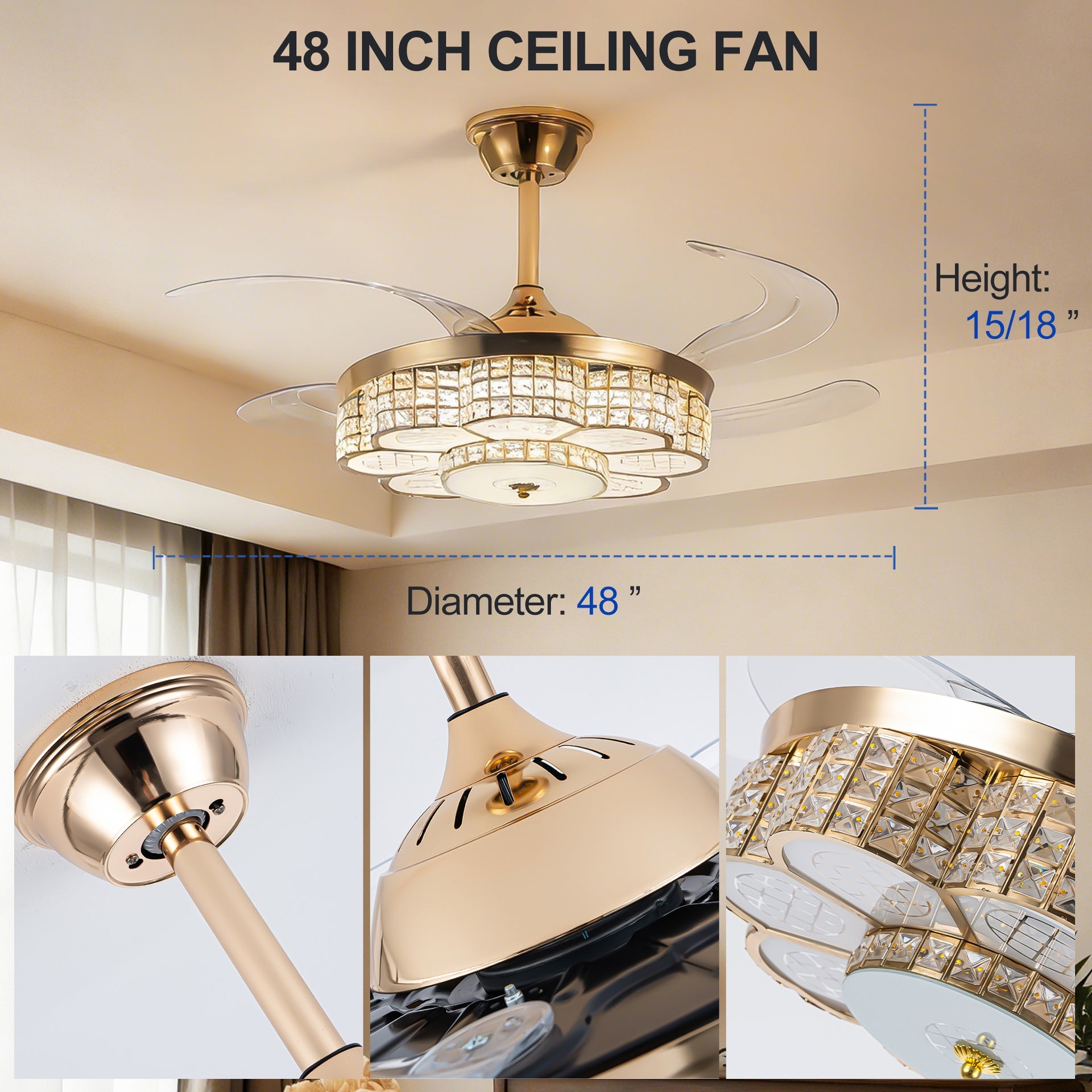 48" Ceiling Fan With Retractable Blades, Indoor  Ceiling Fan With Light with Remote Control, Noiseless Reversible Motor, 6 Speed ,3 for Patio Living Room, Bedroom, Office,Indoor