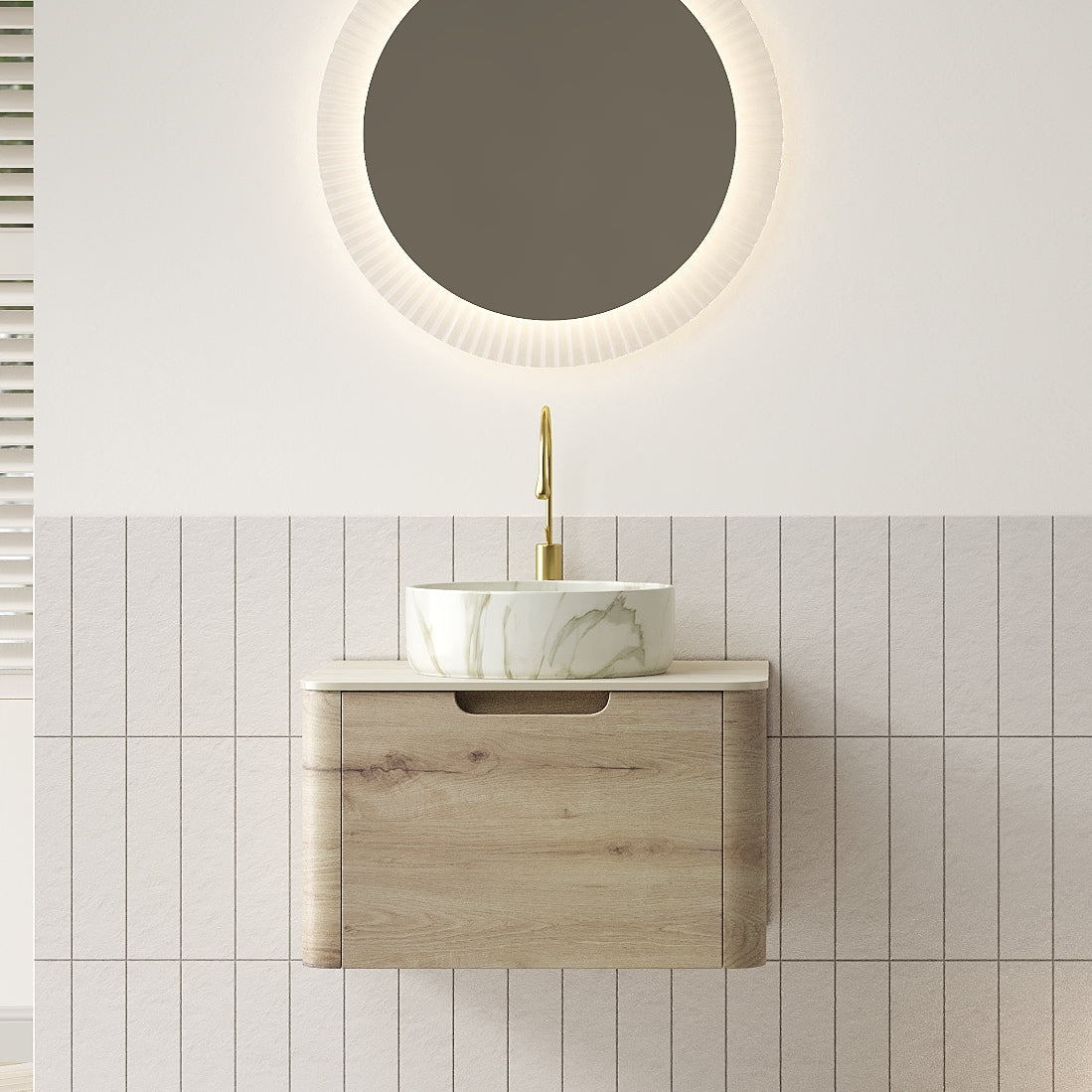 XAI 24" Bathroom Vanity&Sink, Floating Plywood Storage Cabinet with Drawer, Ceramic Basin with Stone Pattern& Travertine-Pattern Sintered Stone Top, Pre-assembled, White Oak Woodgrain Color (New SKU)