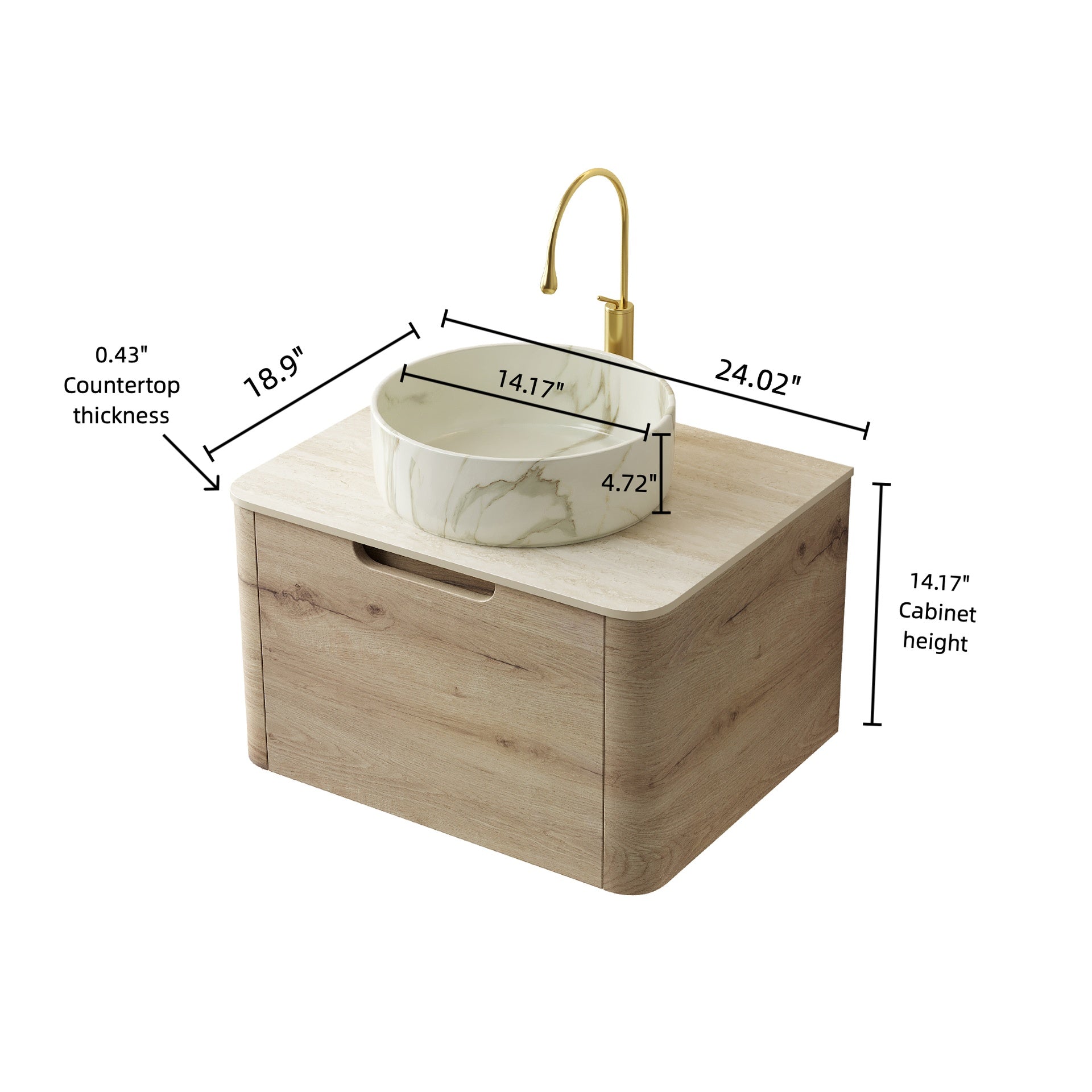 XAI 24" Bathroom Vanity&Sink, Floating Plywood Storage Cabinet with Drawer, Ceramic Basin with Stone Pattern& Travertine-Pattern Sintered Stone Top, Pre-assembled, White Oak Woodgrain Color (New SKU)