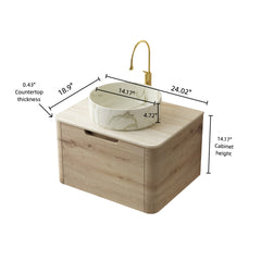 XAI 24" Bathroom Vanity&Sink, Floating Plywood Storage Cabinet with Drawer, Ceramic Basin with Stone Pattern& Travertine-Pattern Sintered Stone Top, Pre-assembled, White Oak Woodgrain Color (New SKU)