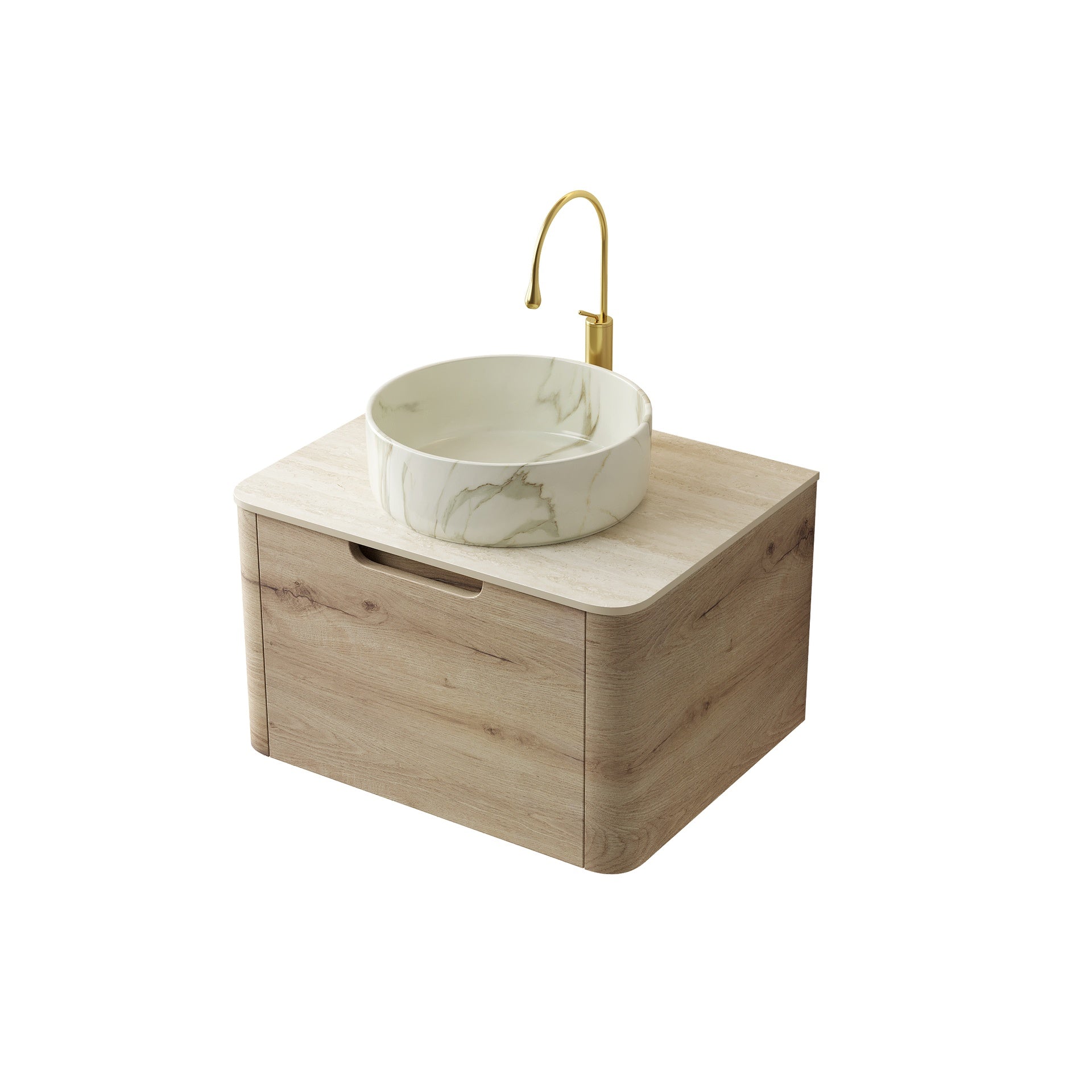 XAI 24" Bathroom Vanity&Sink, Floating Plywood Storage Cabinet with Drawer, Ceramic Basin with Stone Pattern& Travertine-Pattern Sintered Stone Top, Pre-assembled, White Oak Woodgrain Color (New SKU)