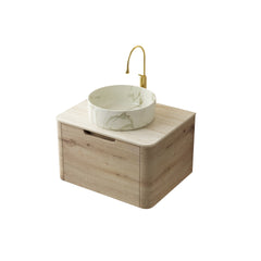 XAI 24" Bathroom Vanity&Sink, Floating Plywood Storage Cabinet with Drawer, Ceramic Basin with Stone Pattern& Travertine-Pattern Sintered Stone Top, Pre-assembled, White Oak Woodgrain Color (New SKU)