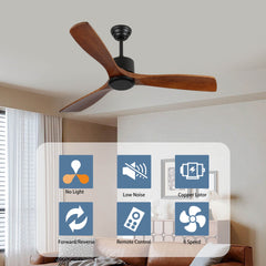 52" Wood Ceiling Fan NO light, 3 Reversible Blades, with 6 Speeds Reversible DC Motor,Low Profile Ceiling Fan with no light for Living Room Kitchen Bedroom
