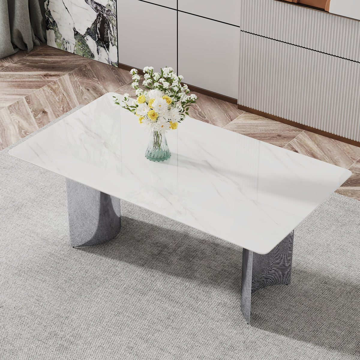 Modern minimalist dining table. The white imitation marble glass desktop is equipped with silver metal legs. Suitable for restaurants and living rooms  71" *39.3" *29.5"  DT-69.W1151S00386