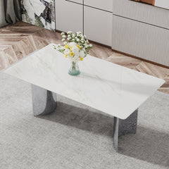 Modern minimalist dining table. The white imitation marble glass desktop is equipped with silver metal legs. Suitable for restaurants and living rooms  71" *39.3" *29.5"  DT-69.W1151S00386