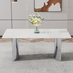 Modern minimalist dining table. The white imitation marble glass desktop is equipped with silver metal legs. Suitable for restaurants and living rooms  71" *39.3" *29.5"  DT-69.W1151S00386