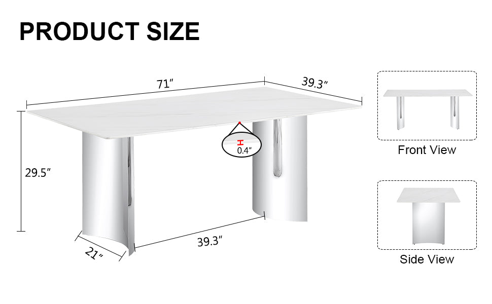 Modern minimalist dining table. The white imitation marble glass desktop is equipped with silver metal legs. Suitable for restaurants and living rooms  71" *39.3" *29.5"  DT-69.W1151S00386