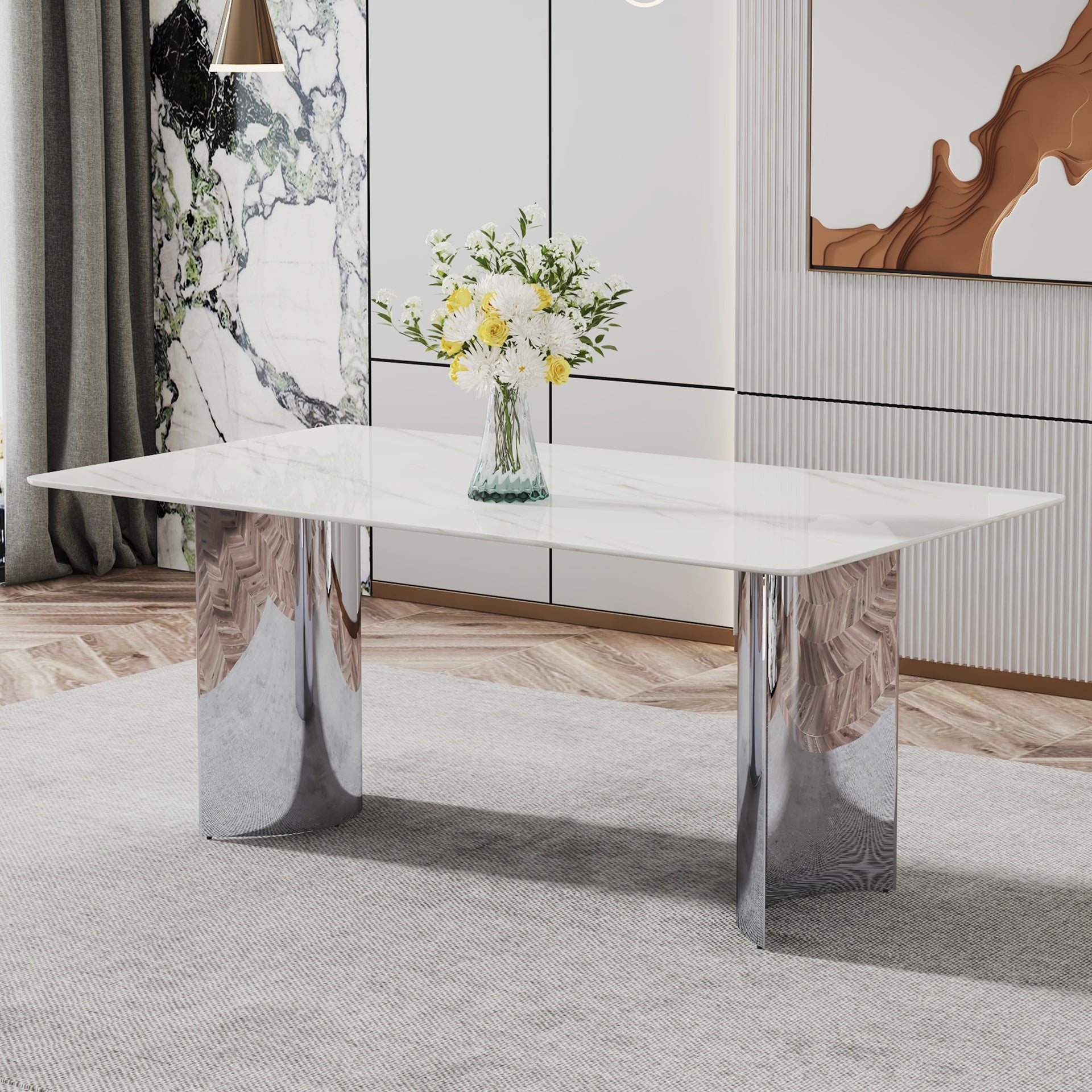 Modern minimalist dining table. The white imitation marble glass desktop is equipped with silver metal legs. Suitable for restaurants and living rooms  71" *39.3" *29.5"  DT-69.W1151S00386