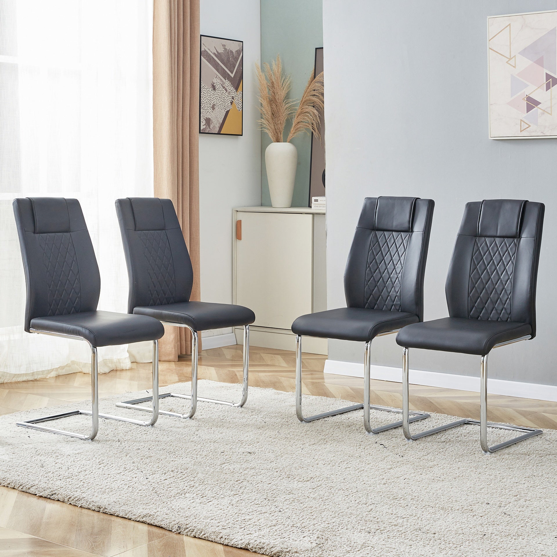 Modern Dining Chairs with Faux Leather Padded Seat Dining Living Room Chairs Upholstered Chair with Metal Legs Design for Kitchen, Living, Bedroom, Dining Room Side Chairs Set of 8 (Black+PU) C-001