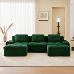 117" Modern U-Shaped Modular Sectional Sofa for Living Room, Corduroy Fabric, 3-Seater Couch with Deep Seat and Movable Ottoman,Pearl-like piping, Tufted Design,No Assembly, Anti-slip Design,Green